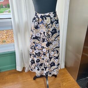 Vintage 80s skirt, black, purple, teal, orange, floral, dots & paisley, 12/14